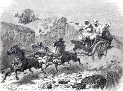 An express mail coach in the East Indies in 1870 at full speed, Carriage, Three-horse carriage,