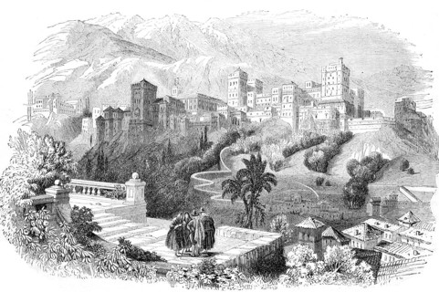 The Alhambra in Grenada in Spain, Historical, Reproduction from a model with a scene from the 19th