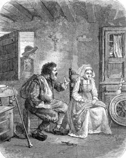 Bride wooer in Brittany, the wooer talks to the woman while the suitor watches through the window,