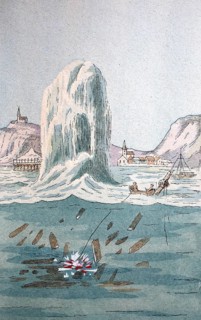 Explosion of a shipwreck by dynamite, 19th century, digitally enhanced reproduction of a 19th