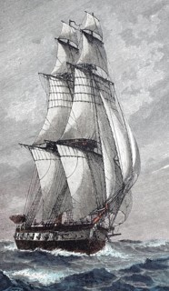 Sailing ship at full speed, digitally enhanced reproduction of a 19th century model, historical,