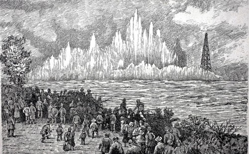 Blasting of the rocks of Ballets Point near New York, 19th century, America, digitally enhanced