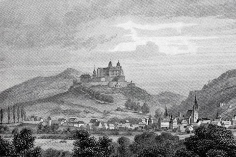 Plassenburg Castle and the town of Kulmbach in the Middle Ages, Upper Franconia, Bavaria, Germany,