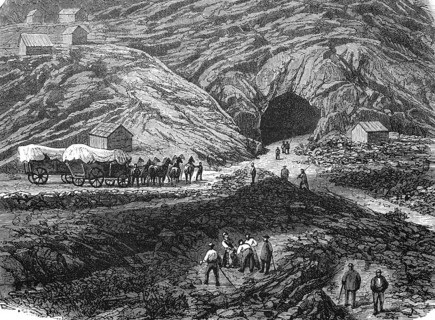 Pacific railway, Construction of a railway tunnel, Tunnel in the Sierra Nevada, America,
