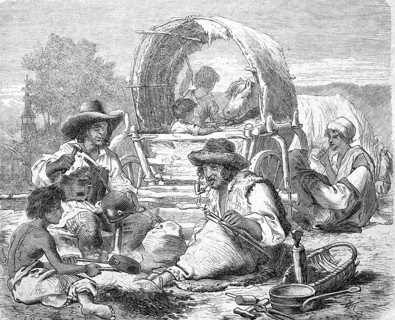 Travelling gypsies at work, here as metalworkers in front of their wagon, Hungary, Historical,