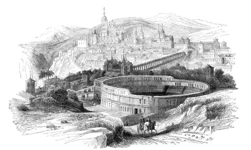 View of Segovia, Castile and Leon, Spain, Historical, Reproduction from an original with a scene