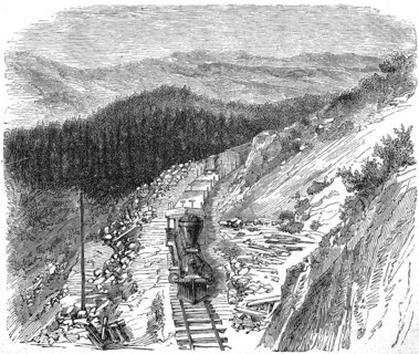 The Pacific Railway in America, Historical, Reproduction from a model with a scene from the 19th