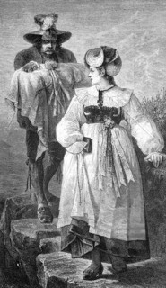 Couple with a newborn baby on the way to the christening, Tyrol, Austria, Historical, Reproduction