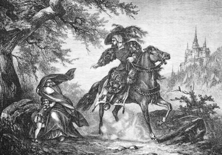 The legend of the stag guilder, Schalksburgsage, horseman and a woman with child, in the background
