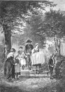 Returning home from the christening, family with the newborn on the way home from church, Germany,