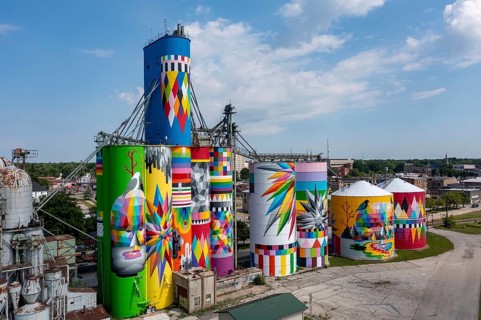 Saginaw, Michigan - The Shine Bright mural on abandoned grain elevators. The mural was created when