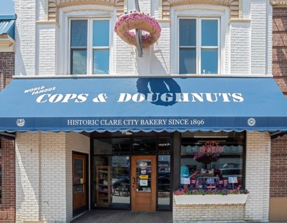 Clare, Michigan, The Cops and Doughnuts doughnut shop and bakery in a rural Michigan town. The shop