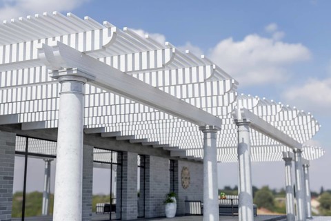 Detail of A beautiful marble and wood pergola patio cover