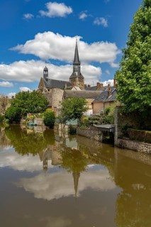 Moat in Bonneval with the church of Notre-Dame, Centre-Val de Loire, France