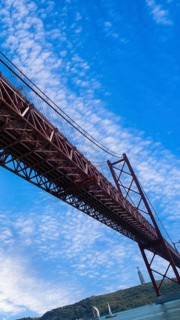 Lisbon, Landmark suspension 25 of April bridge over Tagus reiver near Belem tower
