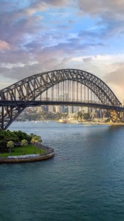 Australia, Sydney bridge and skyline panorama near financial business center