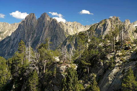 The Els Encantats mountain range in the AigÃ¼estortes i Estany de Sant Maurici National Park,