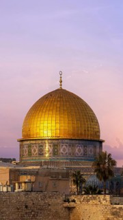 Panoramic view of Jerusalem Old City Western wall, Al Aksa, Dome of the Rock and Temple Mount