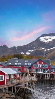 Scenic fishing village A in Lofoten Islands with authentic fishermen sheds and museum