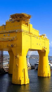 Haugesund port in Norway. Drilling oil rig platform to explore oil and gas fields near coastline