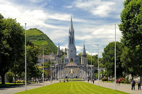 Saint district of Lourdes with the Rosary Square and basilica in the Marian pilgrimage town of