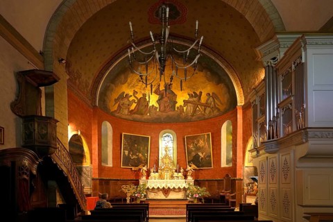 Interior and altar of the Church of Saint-André or Church of the Templars in Luz-Saint-Sauveur,