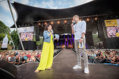 Simone Panteleit and Sebastian Oswald, presenters at the Berliner Rundfunk 91.4 Open Air at the
