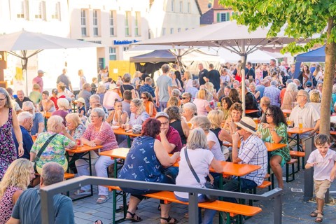 People enjoying a summer get-together at outdoor beer tables under trees, 950 years Weil der Stadt