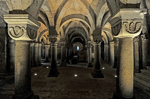 Vaults, columns and capitals in the underground grove of columns, pagan crypt, 10th century,