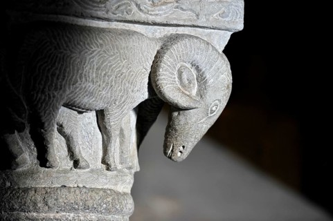 Column capital with ram, relief in stone, underground grove of columns, pagan crypt, 10th century,