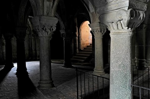 Vault, column capital with ram, relief in stone, underground grove of columns, pagan crypt, 10th