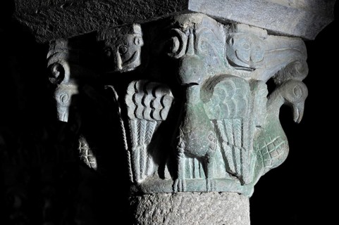 Column capital with dove, relief in stone, underground grove of columns, pagan crypt, 10th century,