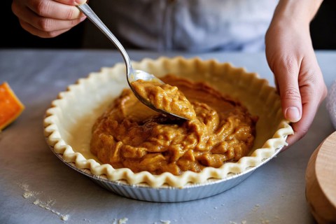 Hands filling homemade pumpkin pie crust with spoon in cozy kitchen scene. Generative AI, AI