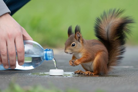 Human hand pouring water from a plastic bottle into a bottle cap for a thirsty red squirrel during