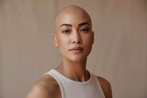 Confident young bald woman with stylish makeup posing in studio. Beauty, self-acceptance, and