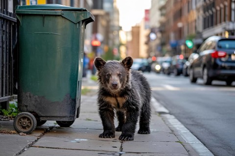Young black bear cub standing by garbage can on city street. Wildlife drawn to human food waste.