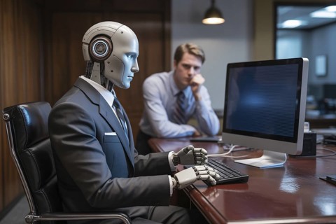 AI robot working on computer in office as human watche. AI replacing human labor concept Generative