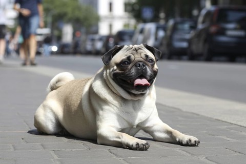 Pug dog lying on pedestrian walk, panting heavily in summer heat. Concept of overheating and heat