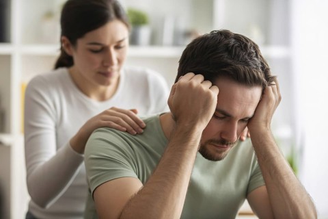 Frustrated man while woman comforts him. Concept of mankeeping and women's invisible emotional