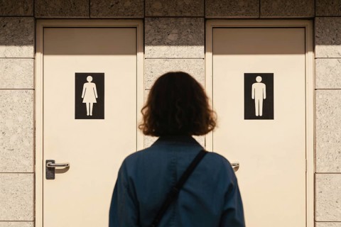 Back view of transgender woman hesitating between men's and women's bathroom doors. Concept of