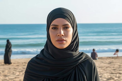 Close up of woman in black hijab at the beach. Generative ai, AI generated