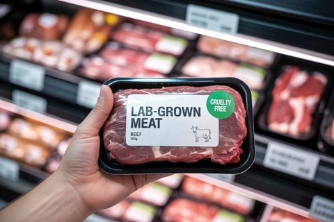 Close up of hand holding package of lab-grown beef meat in supermarket. Concept of cruelty-free