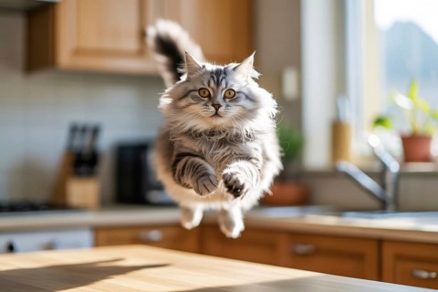 Luffy cat mid-air jumping over kitchen counter. Concept of playful energy and curiosity. Generative