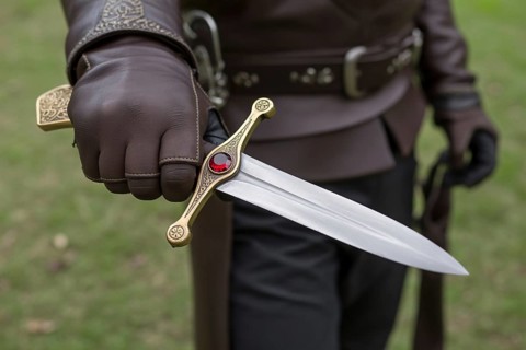 Close-up of hand in weathered leather glove holding medieval dagger with gemstone. Concept of