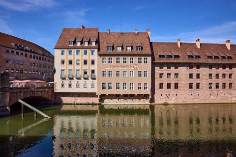 River Pegnitz, Spital-Apotheke, historical building, pharmacy, facade, window, abstract