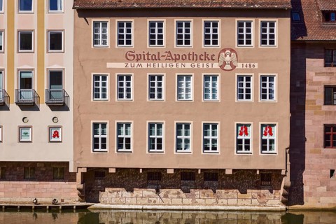 Spital-Apotheke, historical building, pharmacy, facade, window, sunny, Spitalgasse, Nuremberg,