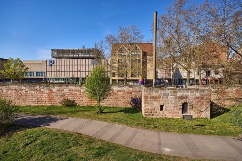 Square, city fortifications, city wall, footpath, trees, lawn, general architecture, Sterntor