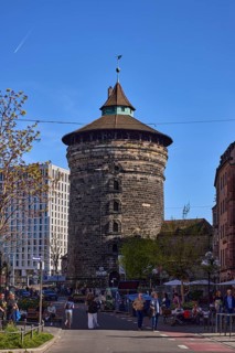 Frauentorturm, city fortification, round tower, pedestrian zone, historical buildings, modern