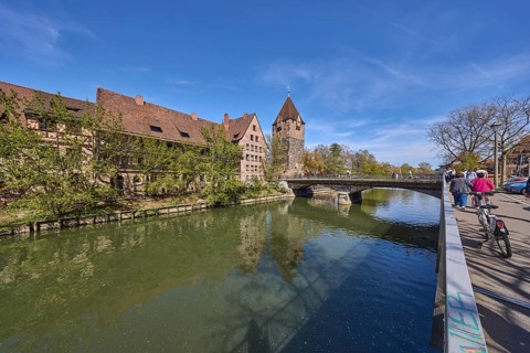 Schuldturm, river Pegnitz, bridge, historical buildings, house, trees, reflections, water surface,