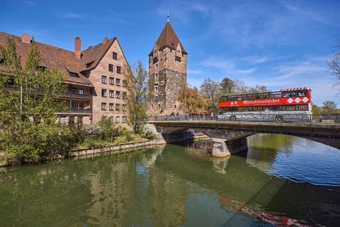 Tourism, city tours, bus, Schuldturm, river Pegnitz, bridge, historical buildings, house, trees,